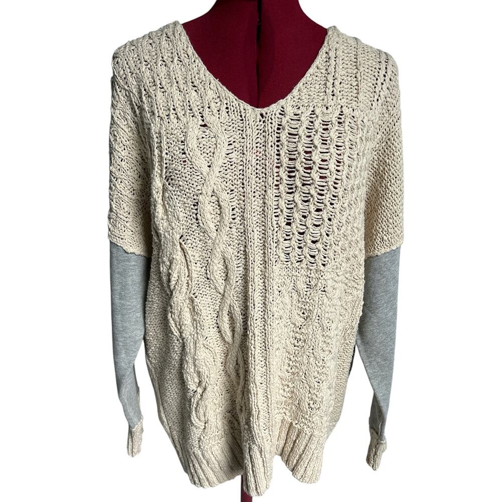 By Together Womens Small 100% Cotton Mix Media Cream Cable Knit V Neck Sweater